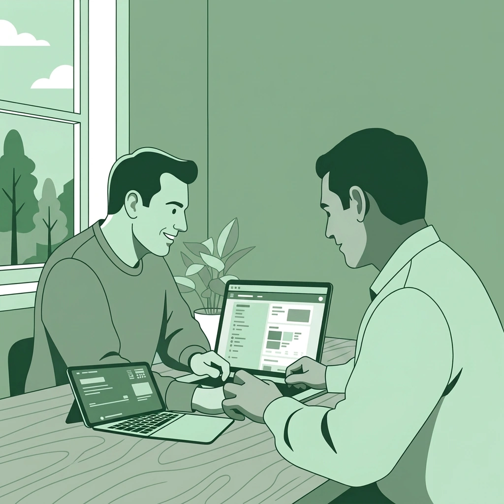 Illustration of two Whyte Team specialists reviewing a Shopify store's sales data together