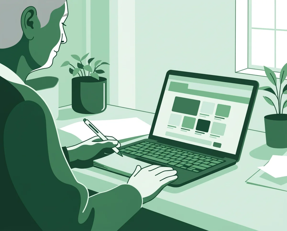 Green and white illustration of a store owner reviewing their Shopify storefront on a laptop