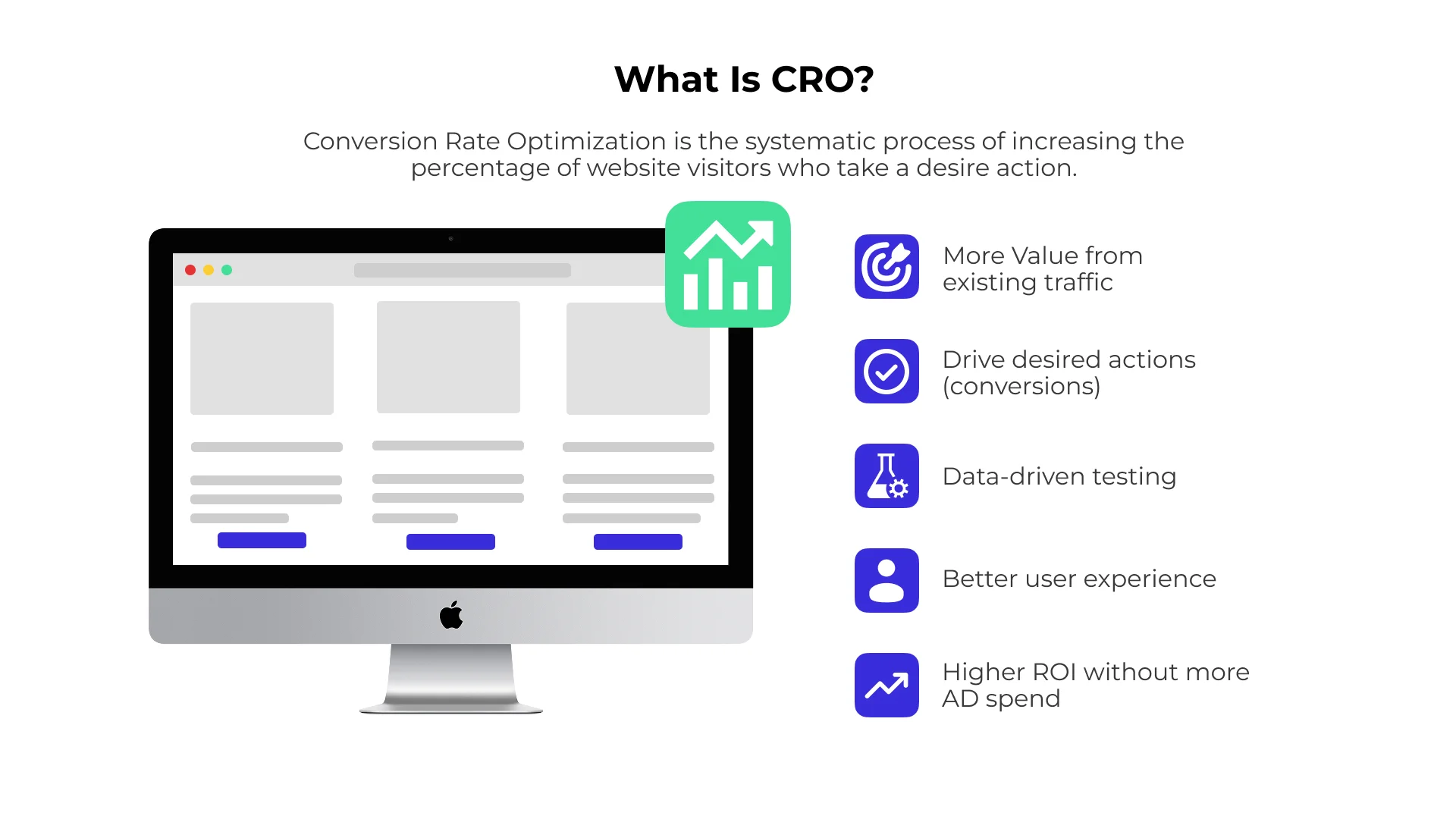 What CRO means for Shopify stores: more value from existing traffic, desired actions, data-driven testing, better user experience, and higher return